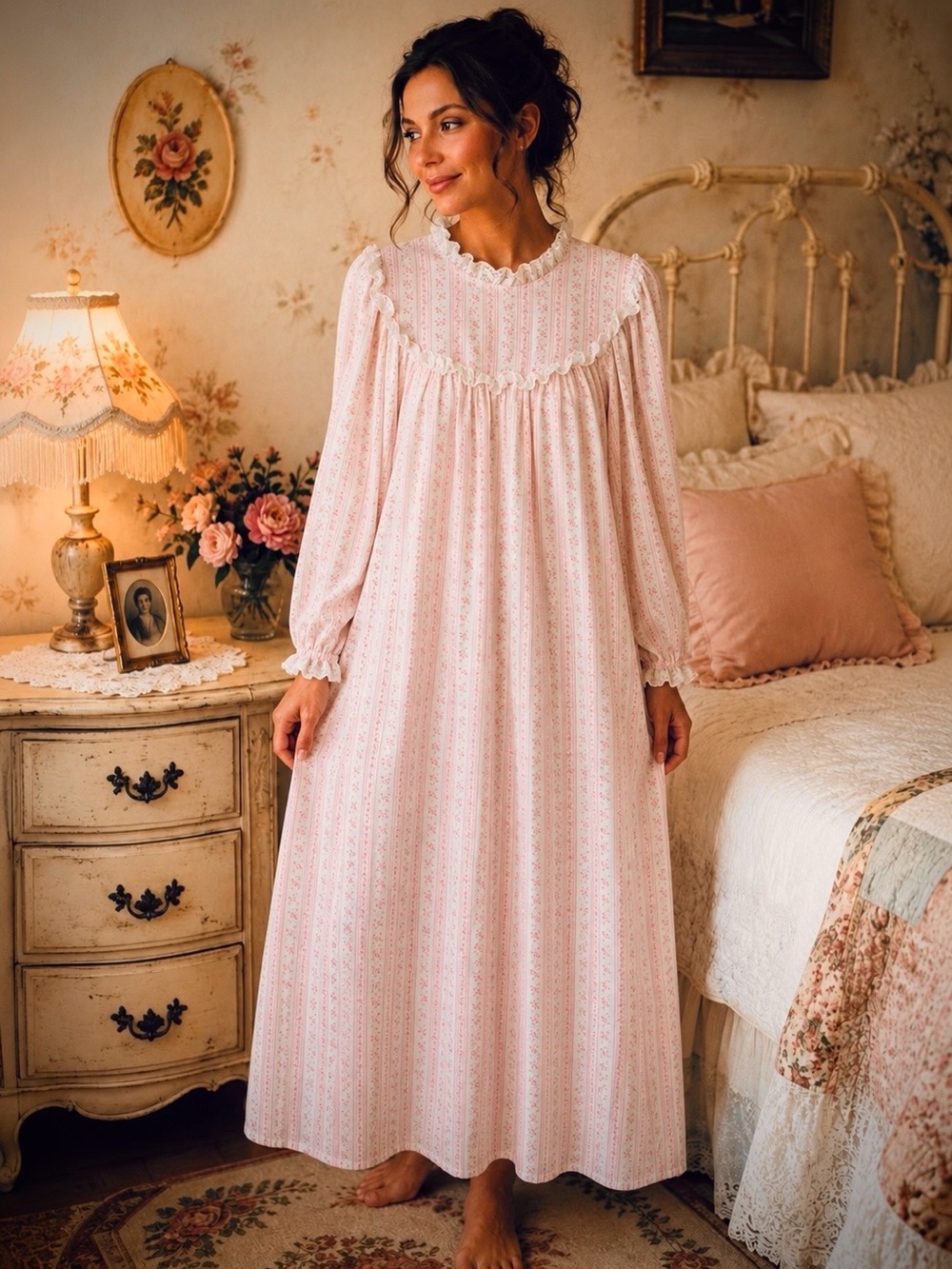 Vintage Lanz of Salzburg Pink Floral Cotton Nightgown Eyelet Cottagecore Medium